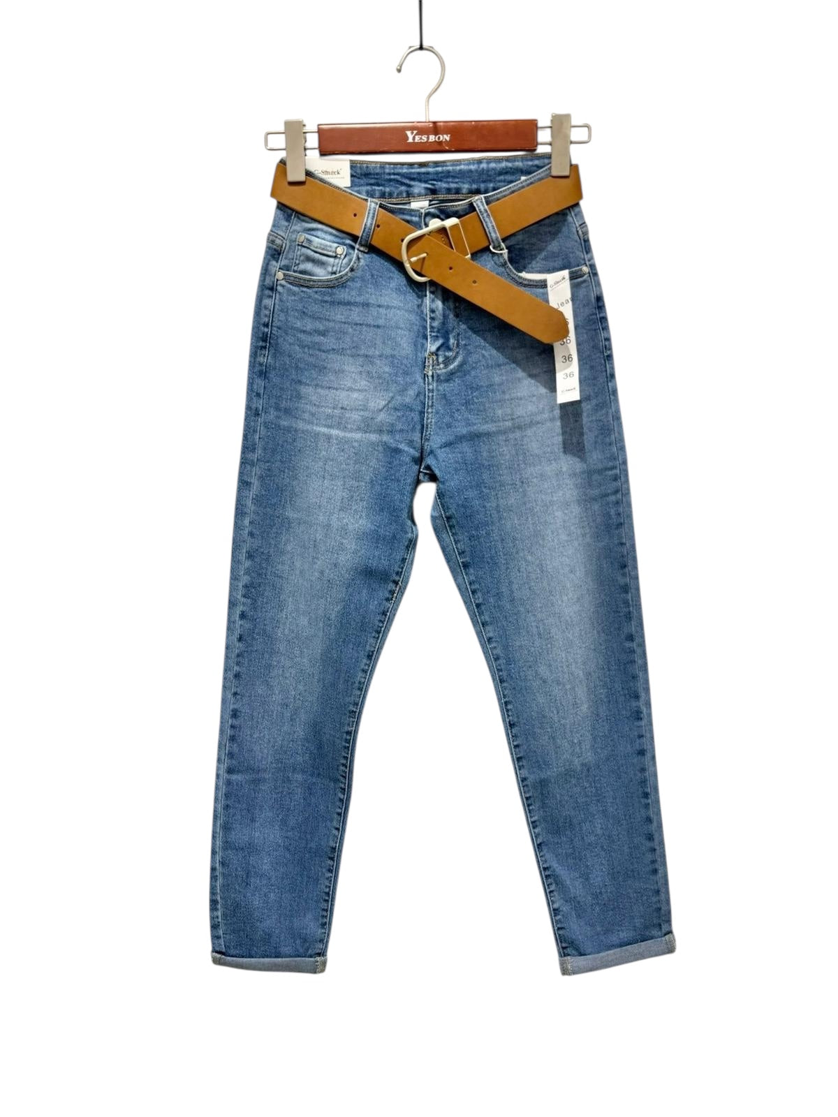 New Season Blue Wash G-Smack MOM Fit Wash Jeans with Tan Belt