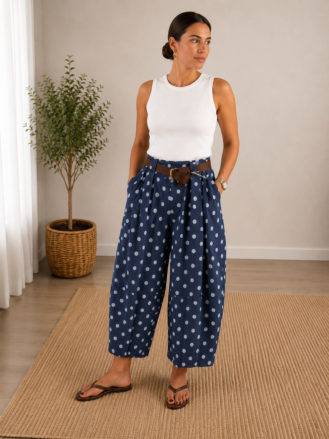 Polka Dot Denim Barrel Leg Denims with Belt