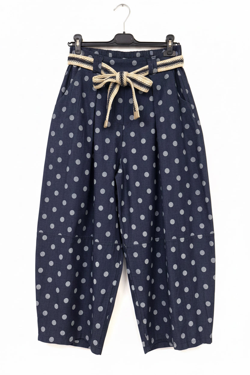 Polka Dot Denim Barrel Leg Denims with Belt