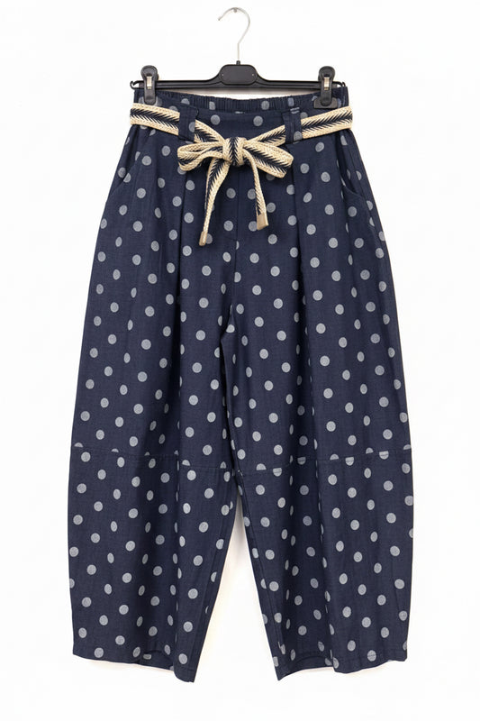 Polka Dot Denim Barrel Leg Denims with Belt
