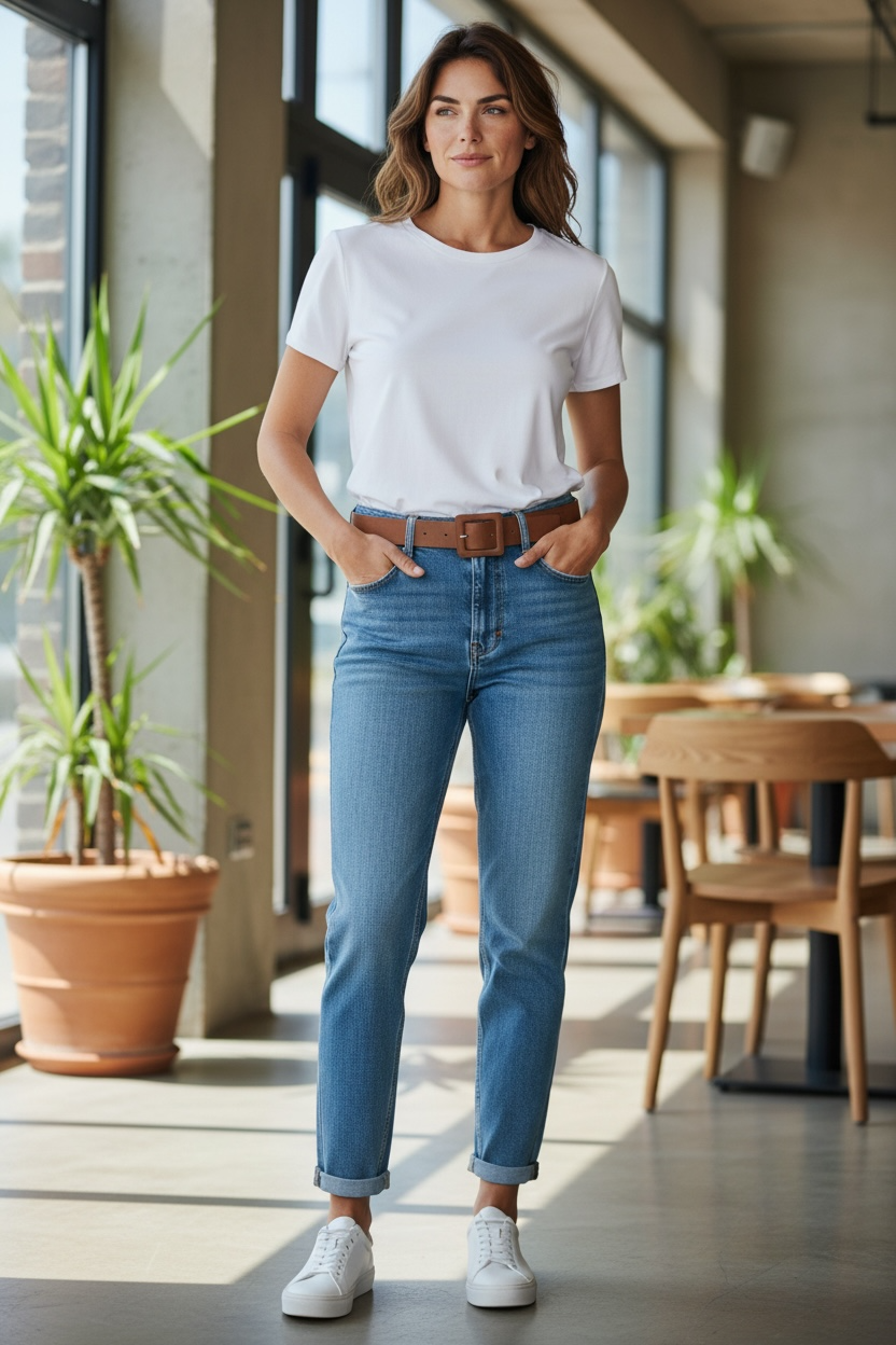 New Season Blue Wash G-Smack MOM Fit Wash Jeans with Tan Belt